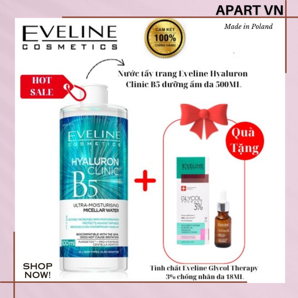 [ Tặng Serum dưỡng da 3% ] Nước tẩy trang Eveline Hyaluron Clinic B5 tinh chất rau má dưỡng ẩm và phục hồi da 500 ML