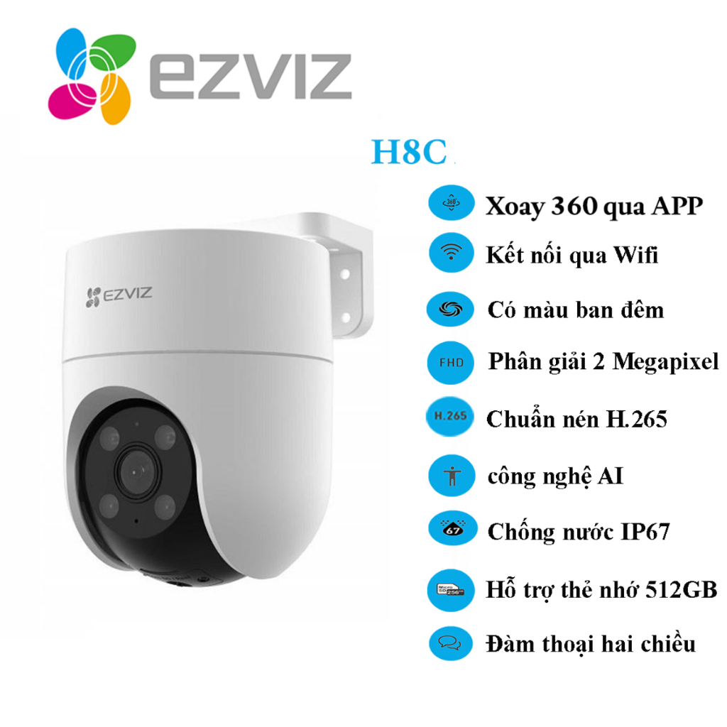 H8C | Camera ngoài trời Wifi EZVIZ H8C 2M đàm thoại 2 chiều, có màu ban đêm, Phát hiện chuyển động