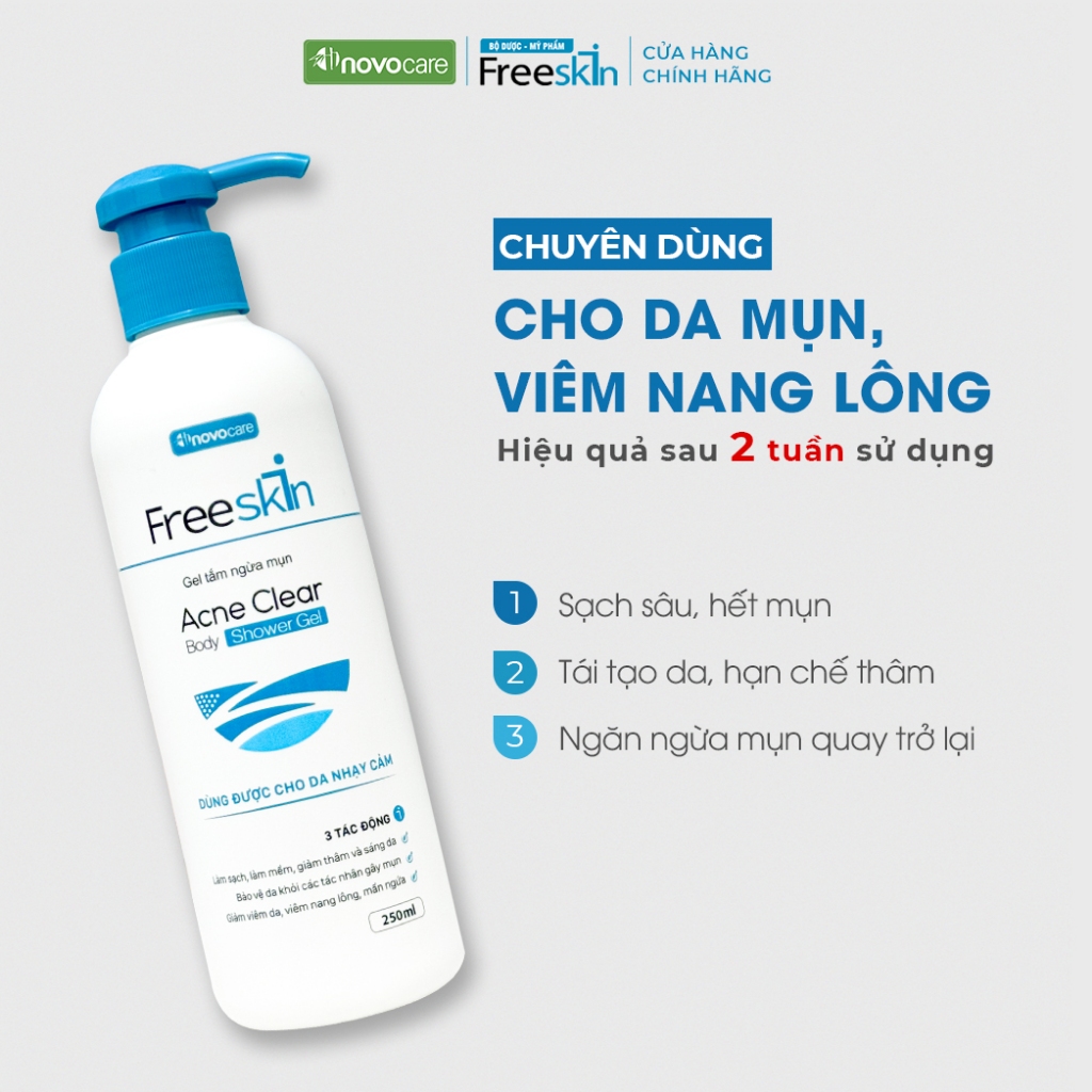 Gel tắm ngừa mụn Novocare - Freeskin ngăn ngừa viêm nang lông loại bỏ yếu tố gây ra mụn viêm, dùng cho da nhạy cảm 250ml