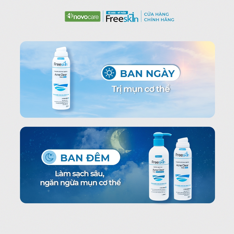 Gel tắm ngừa mụn Novocare - Freeskin ngăn ngừa viêm nang lông loại bỏ yếu tố gây ra mụn viêm, dùng cho da nhạy cảm 250ml