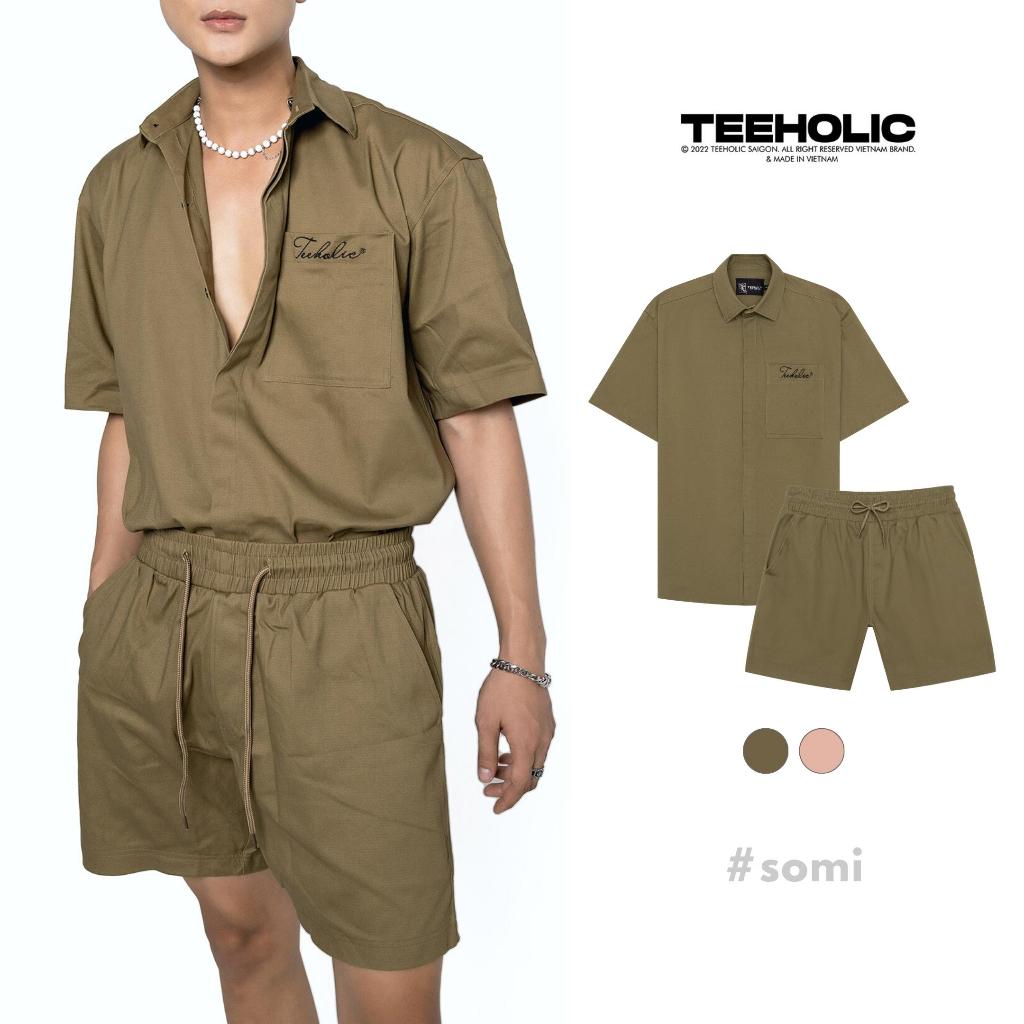 Set bộ kaki áo sơ mi quần short màu nâu unisex nam nữ cao cấp local brand thêu logo teeholic