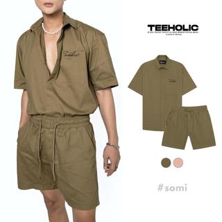Set bộ kaki áo sơ mi quần short màu nâu unisex nam nữ cao cấp local brand thêu logo teeholic