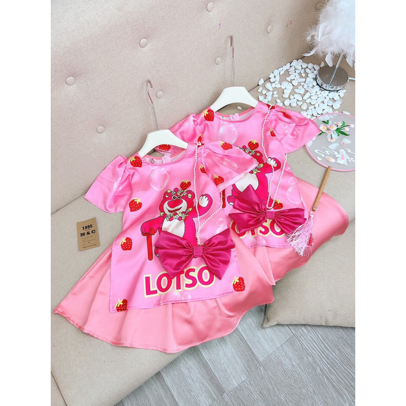 Áo dài cách Tân gấu dâu kèm nơ đeo bé gái 8-30kg, áo dài Tết bé gái siêu đẹp