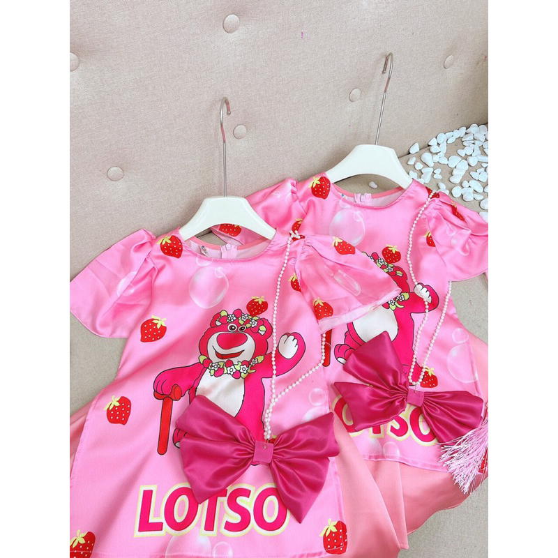 Áo dài cách Tân gấu dâu kèm nơ đeo bé gái 8-30kg, áo dài Tết bé gái siêu đẹp