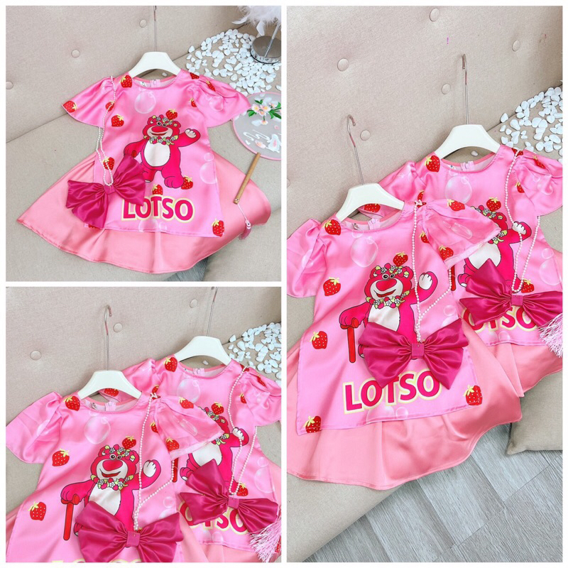 Áo dài cách Tân gấu dâu kèm nơ đeo bé gái 8-30kg, áo dài Tết bé gái siêu đẹp