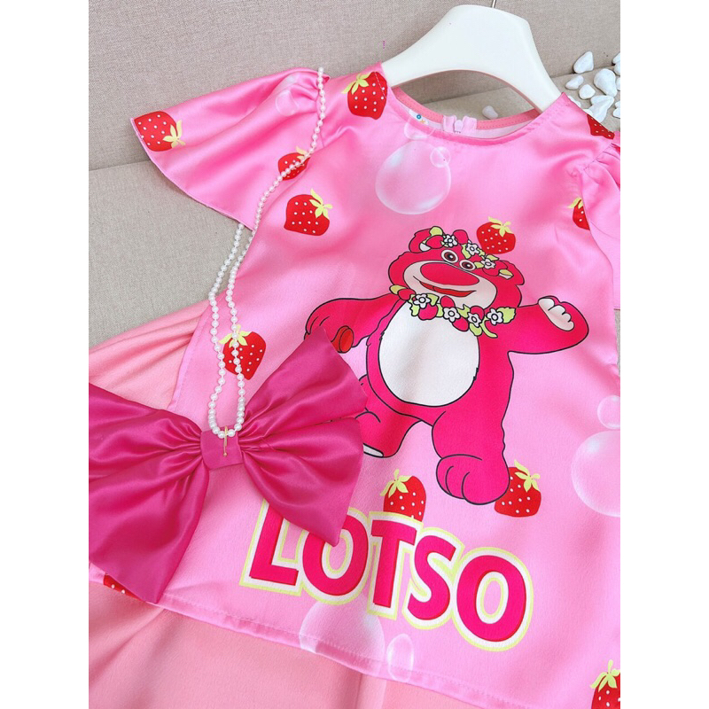 Áo dài cách Tân gấu dâu kèm nơ đeo bé gái 8-30kg, áo dài Tết bé gái siêu đẹp