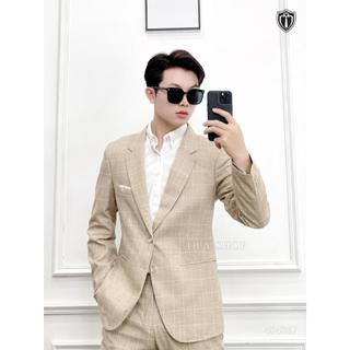 Bộ vest nam 2 cúc kem kẻ chất liệu dày dặn fom dáng chuẩn, ôm DUYSHOP Menswear