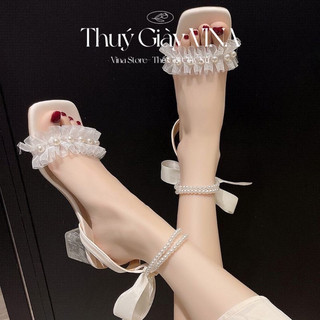 giày sandal nữ cao gót đế vuông 5-7 phân quai voan đính ngọc hot 2024 THÚY GIÀY VINA STORE- S19