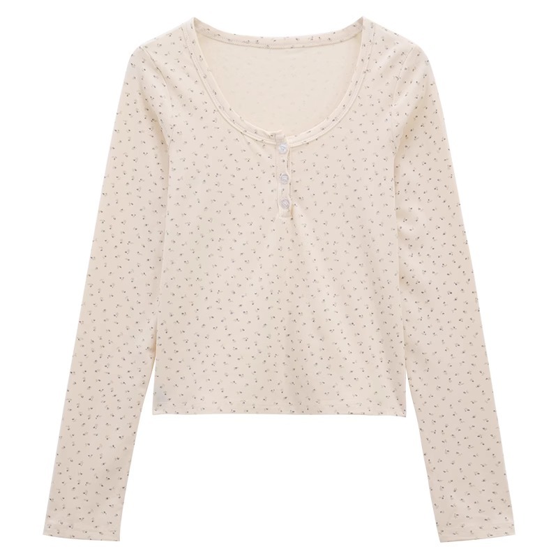 Áo Thun Nữ Dài Tay Hoa Nhí Cổ Tròn Ôm Body Phong Cách Hàn Quốc