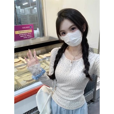 Áo Thun Nữ Dài Tay Hoa Nhí Cổ Tròn Ôm Body Phong Cách Hàn Quốc