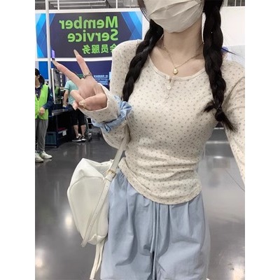 Áo Thun Nữ Dài Tay Hoa Nhí Cổ Tròn Ôm Body Phong Cách Hàn Quốc