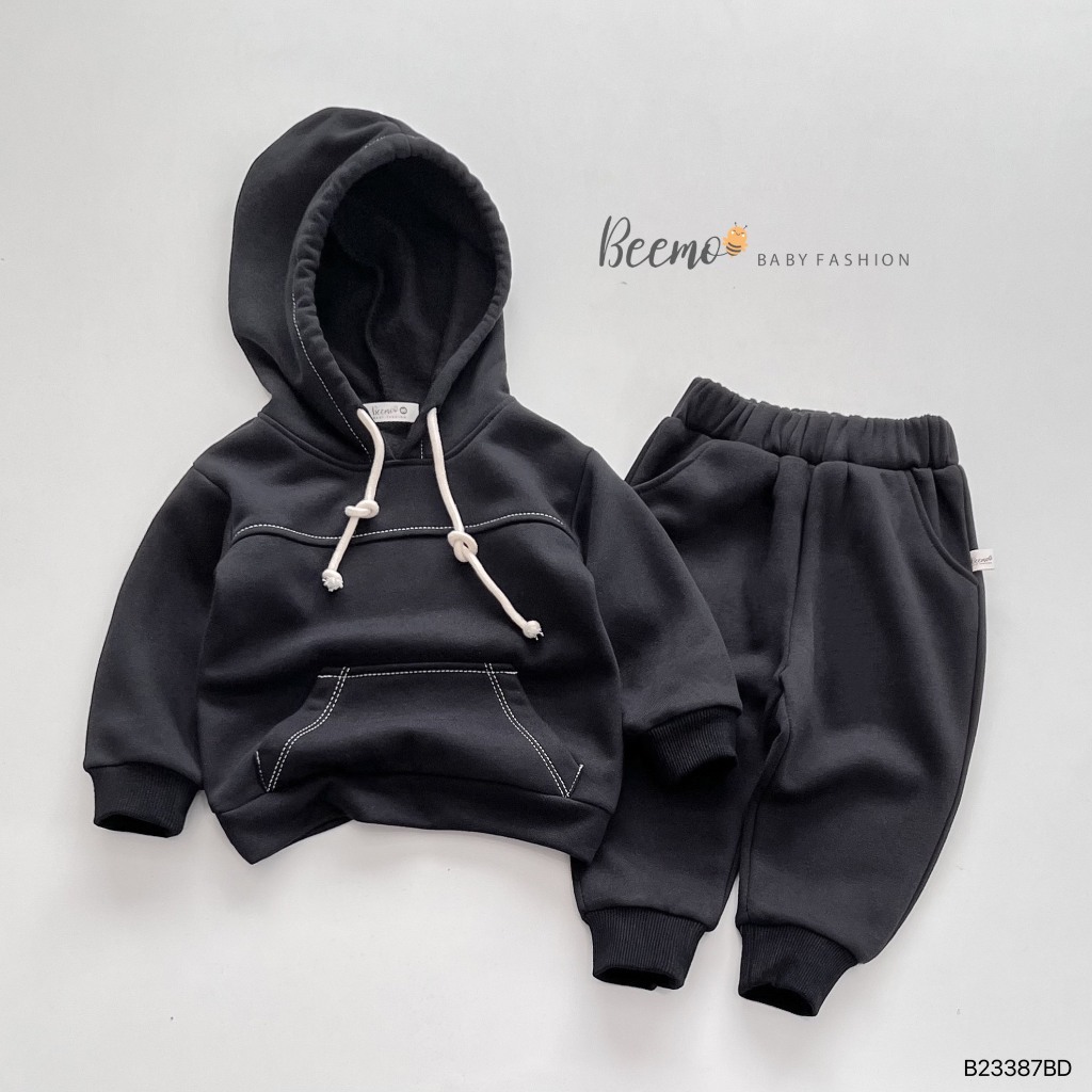 Set bộ hoodie dài tay Beemo cho bé trai, phối chỉ nổi, quần bo gấu, vải nỉ bông dày dặn, ấm áp, mặc thu đông B23387BD