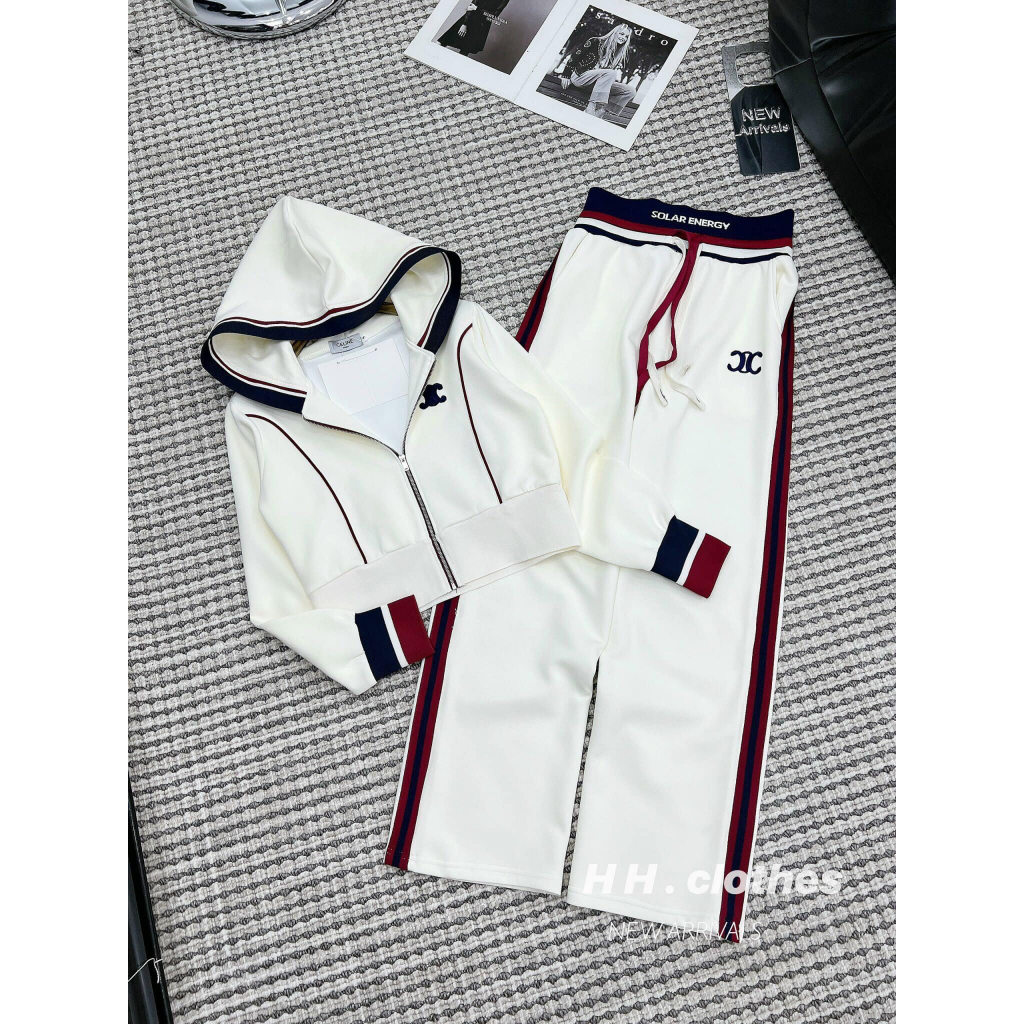 Sét umi mềm thể thao áo mũ khóa bo tay + quần suông cạp chun chữ viền