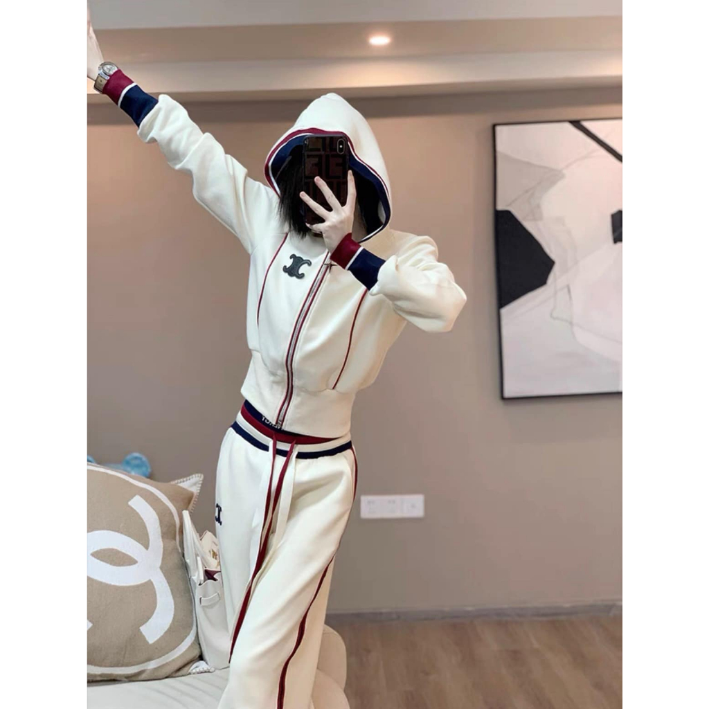 Sét umi mềm thể thao áo mũ khóa bo tay + quần suông cạp chun chữ viền