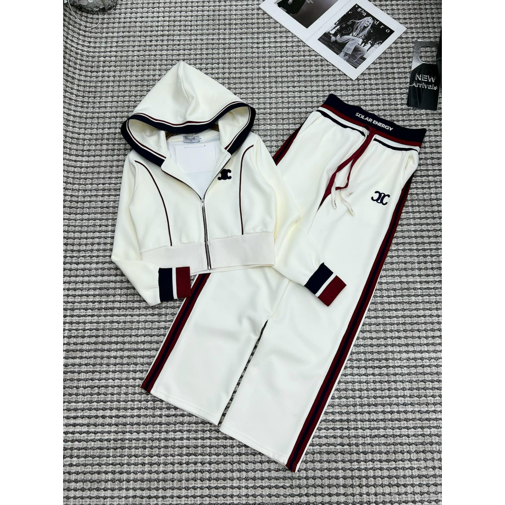 Sét umi mềm thể thao áo mũ khóa bo tay + quần suông cạp chun chữ viền