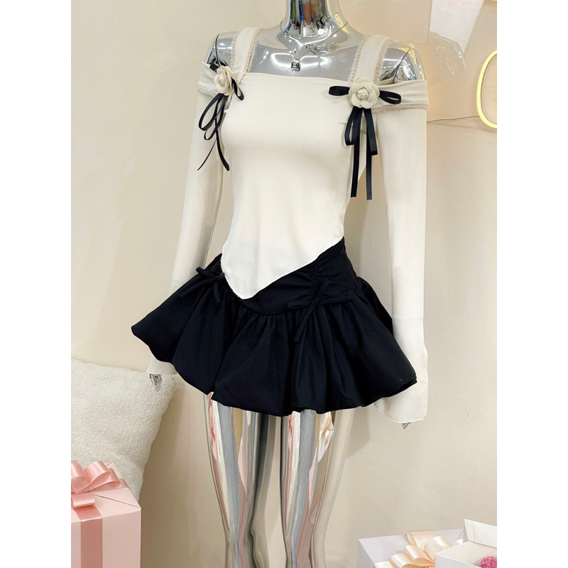 Set Áo Trễ Vai Đính Hoa Chân Váy Xếp Li TKCC BAGEO