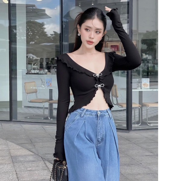 Áo Croptop, Áo Vạt Bèo Tay Dài Đính Nơ Đá Chất Thun Gân Tăm Lạnh Mịn Mát Dễ Thương, Sexy Cho Nữ - Tiệm Nhà Mây