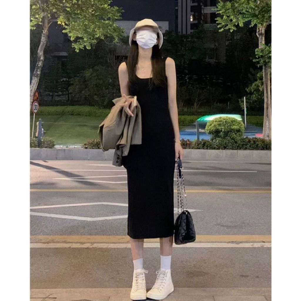 Váy len 2 dây cho nữ INFLACHI đầm dệt kim dáng dài tôn dáng che khuyết điểm len quảng châu thiết kế Hàn Quốc M277