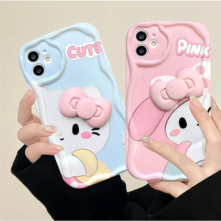 Ốp lưng iphone cạnh sóng nổi Thỏ Hồng Mèo Xanh Gắn Nơ Hồng dành cho ip 6/7/8/plus/x/xr/xs/11/12/13/14/15 pro max xx2097