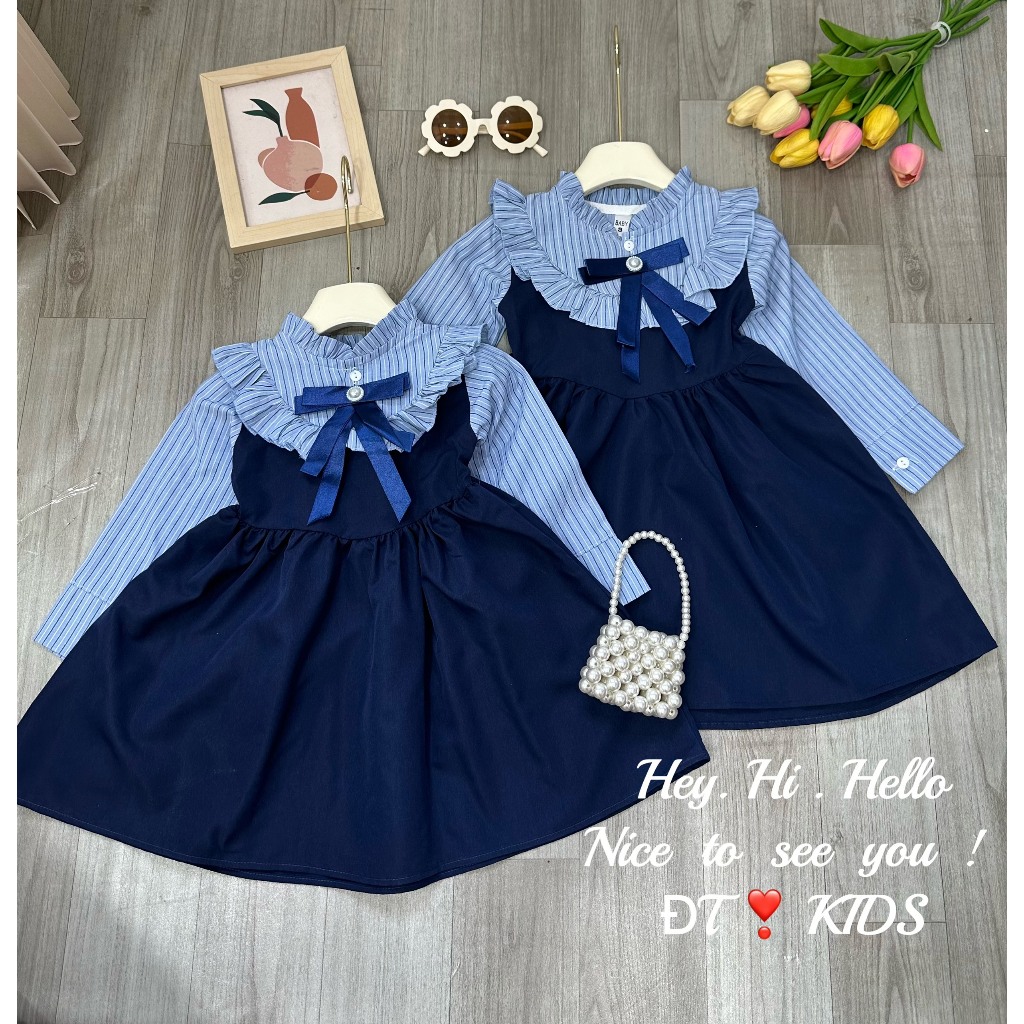 Váy đầm bé gái- Váy bé gái công chúa dài tay đính nơ ngực bánh bèo cho bé yêu từ 1 tuổi đến 7 tuổi