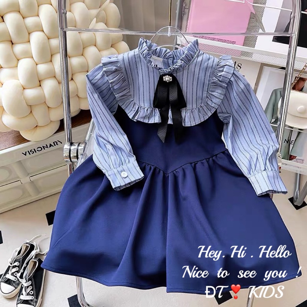 Váy đầm bé gái- Váy bé gái công chúa dài tay đính nơ ngực bánh bèo cho bé yêu từ 1 tuổi đến 7 tuổi