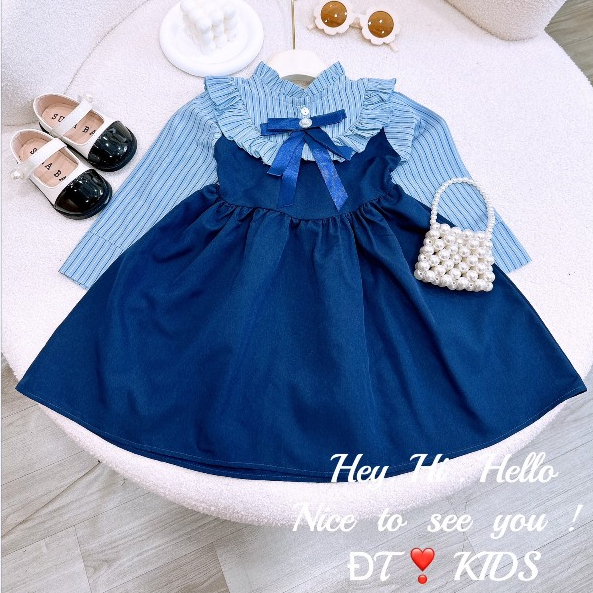 Váy đầm bé gái- Váy bé gái công chúa dài tay đính nơ ngực bánh bèo cho bé yêu từ 1 tuổi đến 7 tuổi