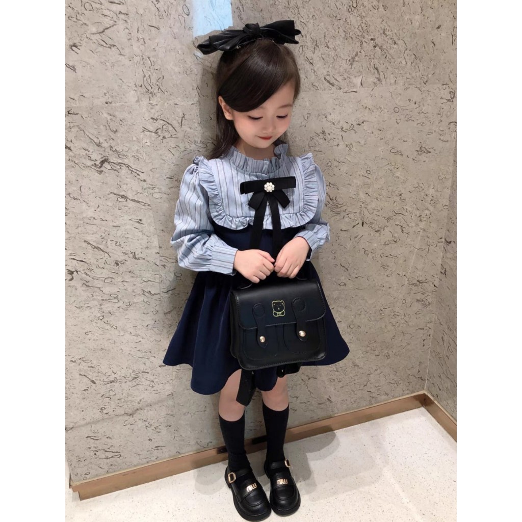 Váy đầm bé gái- Váy bé gái công chúa dài tay đính nơ ngực bánh bèo cho bé yêu từ 1 tuổi đến 7 tuổi