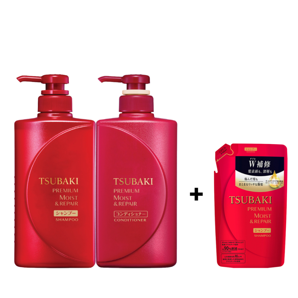 [Hannah x Tsubaki] Bộ đôi gội xả Dưỡng tóc bóng mượt Premium Moist Tsubaki (490ml/chai) + Refill