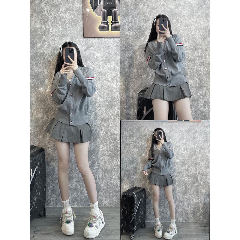 Áo Khoác Cardigan thome browne Chất Len Xám Sọc Viền Đỏ, áo khoác chất liệu len tăm siêu dầy dặn siêu cháy T25