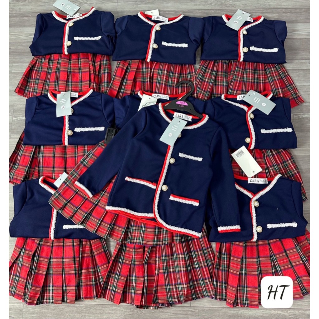 SET VÁY XẾP LI KẺ ĐỎ CHO BÉ GÁI