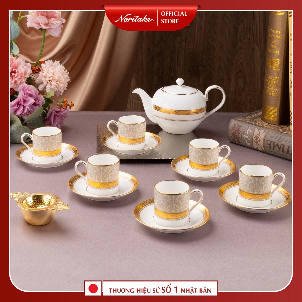 Bộ Ấm Chén Uống Trà 13 Món Sứ Xương Cao Cấp Noritake Nhật Bản (Ấm 650ml, Tách 90ml) | Odessa Gold 48
