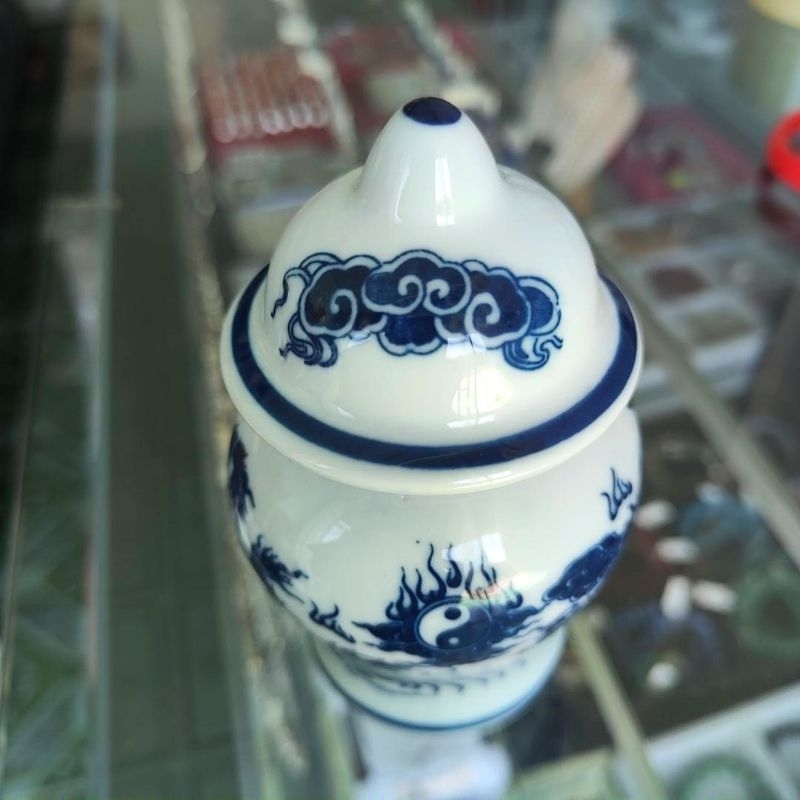 Chóe Thờ Cúng - Hũ Đựng Muối Gạo Nước Men Lam Bóng Bát Tràng cao 12cm