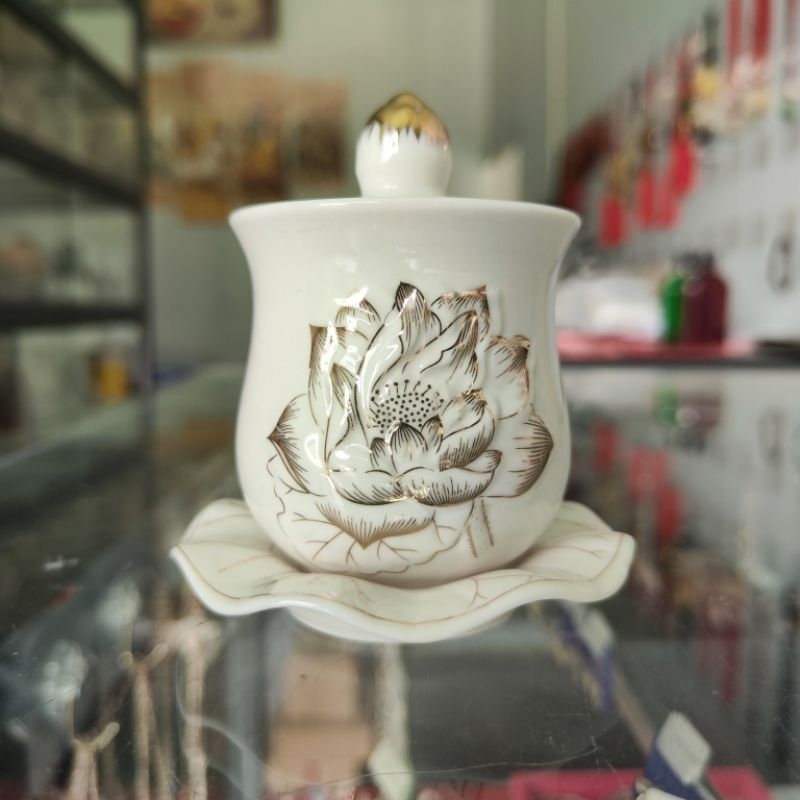 Đại Bi - Hũ Đựng Gạo Muối Thờ Cúng Bạch Ngọc Sen Trắng cao 9cm