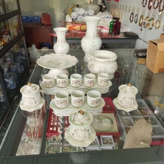 Bộ thờ cúng lư hương, bát nhang, bình hoa, áng 5, áng 3 bạch ngọc sen trắng