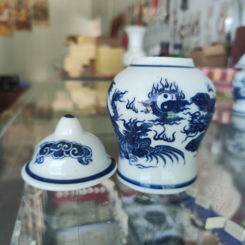 Chóe Thờ Cúng - Hũ Đựng Muối Gạo Nước Men Lam Bóng Bát Tràng cao 12cm