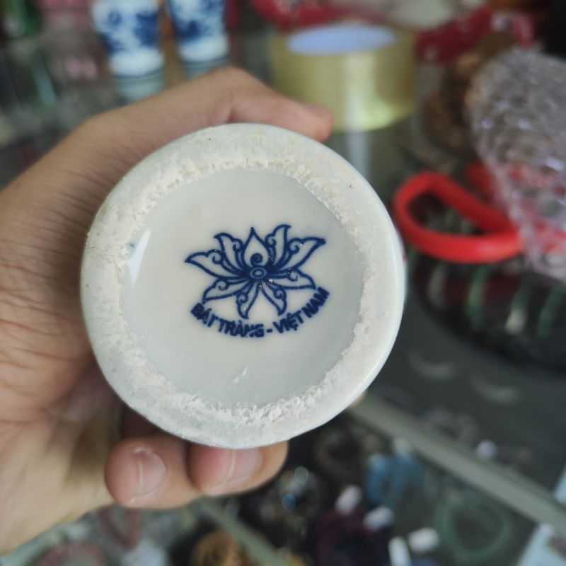 Chóe Thờ Cúng - Hũ Đựng Muối Gạo Nước Men Lam Bóng Bát Tràng cao 12cm