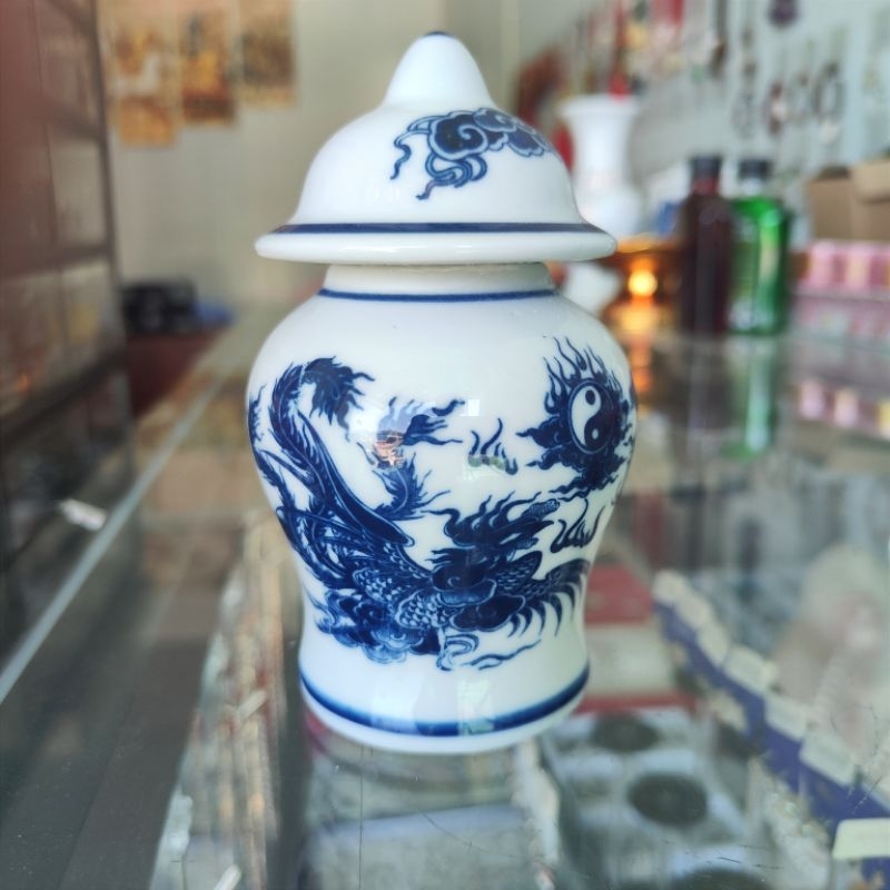 Chóe Thờ Cúng - Hũ Đựng Muối Gạo Nước Men Lam Bóng Bát Tràng cao 12cm