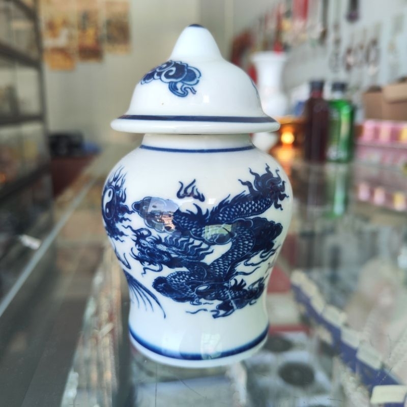 Chóe Thờ Cúng - Hũ Đựng Muối Gạo Nước Men Lam Bóng Bát Tràng cao 12cm