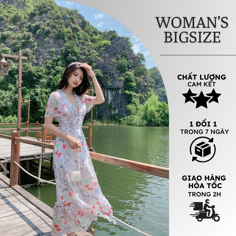 Váy đầm maxi trắng đi biển dáng dài cổ sâu chữ V họa tiết hoa bướm thiết kế sang trọng bigsize du lịch biển resort