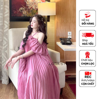  Đầm maxi xếp ly trễ vai váy baby doll dài xếp ly bầu bí bon chen thoải mái  _L109 
