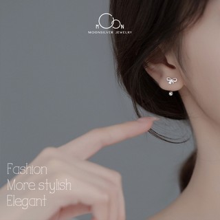 Khuyên tai bạc moonsilver, bông tai bạc nữ hình nơ chốt bi đẹp Bạc 925 Moonsilver