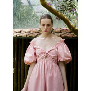 RANDOMLIST - Đầm tay phồng nữ xoắn ngực dáng dài - Hồng nhạt