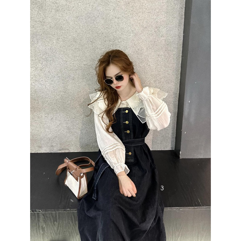 SET ĐẦM MIDI YẾM JEAN CỘT +  ÁO VOAN TRẮNG BÈO BO