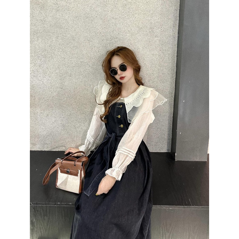 SET ĐẦM MIDI YẾM JEAN CỘT +  ÁO VOAN TRẮNG BÈO BO