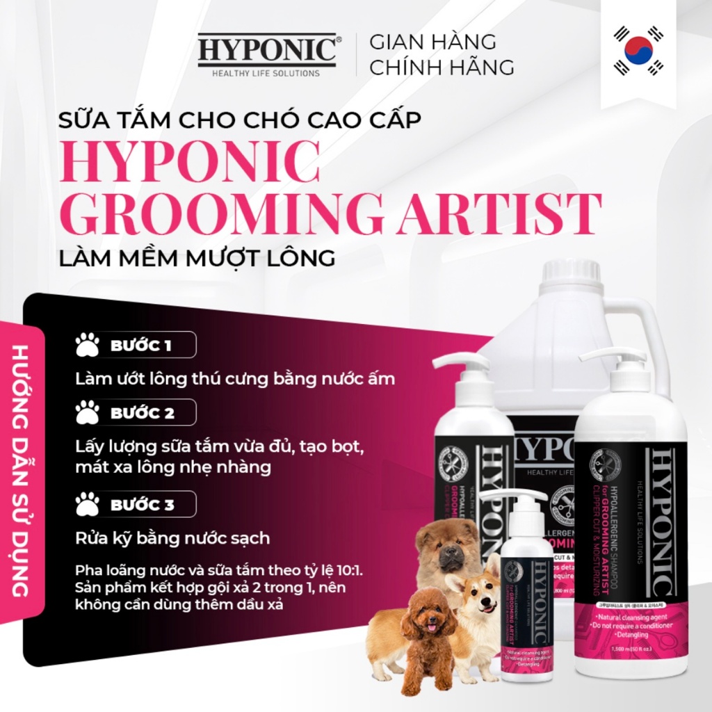 Sữa tắm cho chó cao cấp HYPONIC Grooming Artist, làm mềm mượt lông  - 100ml