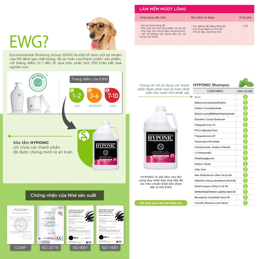 Sữa tắm cho chó cao cấp HYPONIC Grooming Artist, làm mềm mượt lông  - 100ml