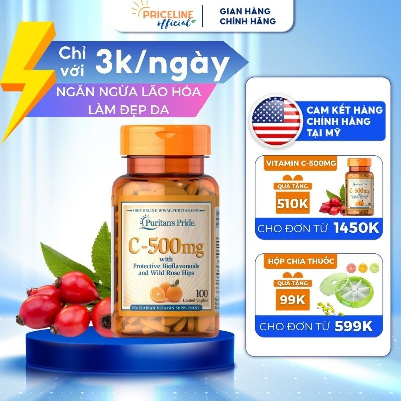 Viên uống bổ sung Vitamin C 500mg with Bioflavonoids & Wild Rose Hips hỗ trợ làm đẹp da, ngăn ngừa lão hóa 100 viên
