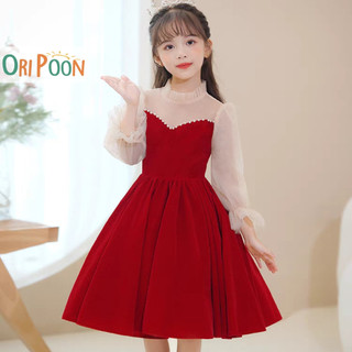 Đầm váy công chúa cho bé oripoon màu đỏ dài tay đính cườm xinh đẹp, váy bé gái mặc noel mặc tết