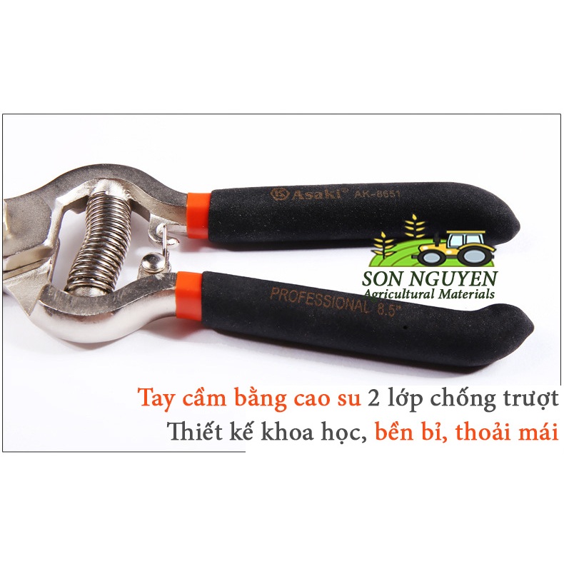 Kéo ASAKI-JAPAN đúc nguyên khối, tay cầm bằng dạ 3 kiểu loại chuyên dùng cắt tỉa cành