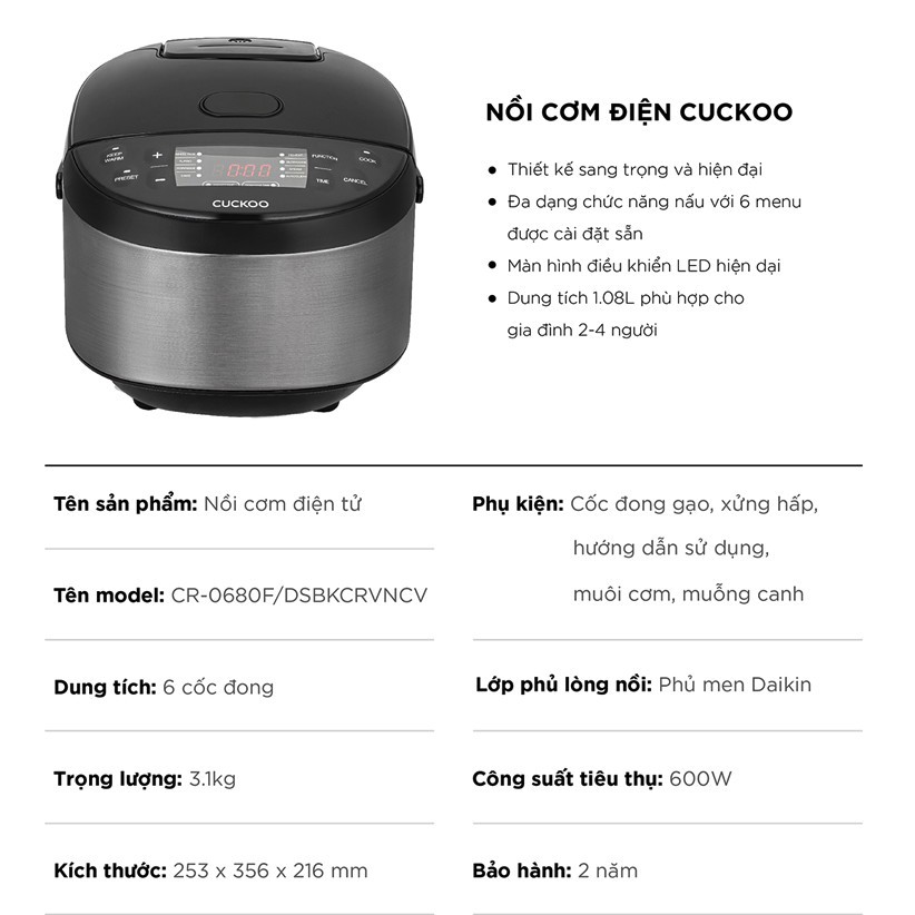 Nồi cơm điện tử Cuckoo 1.08L CR-0680F đa chức năng, thiết kế hiện đại - Bảo hành 2 năm - Hàng chính hãng Cuckoo